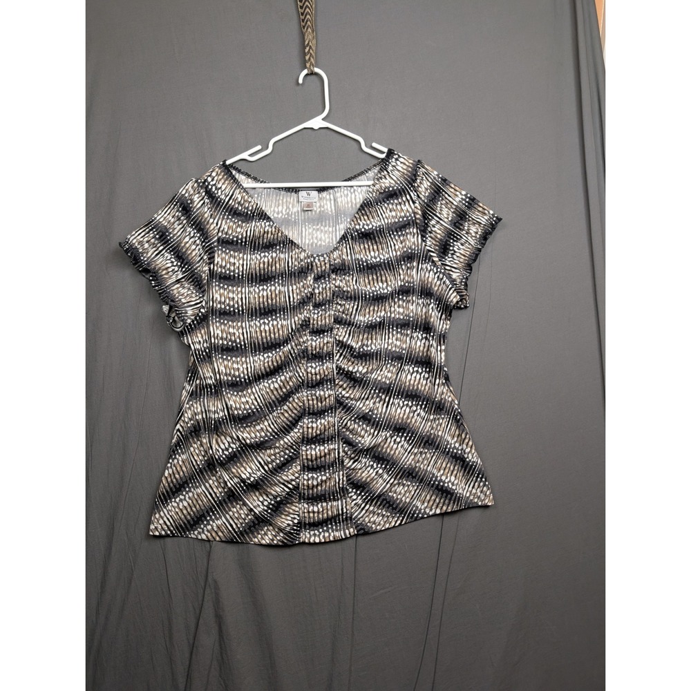 Worthington Woman Stretch 2X Black White Tan Abstract Ruched V-Neck Blouse Top